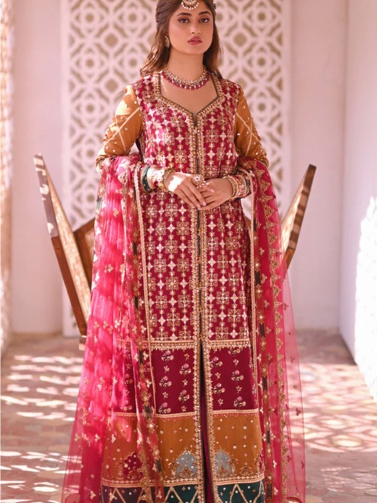 Qalamkar Other - Embellished Red & Gold Long Anarkali Dress with Sheer Dupatta